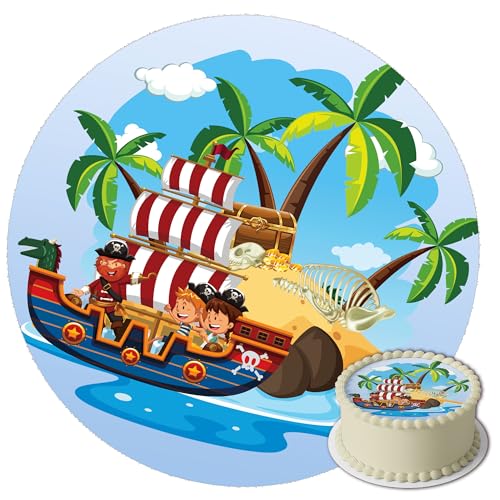 J&M DECO Décoration Gâteau Pirate - Crème et Pétales pour Gâteau - Rond 20 cm - Papier Comestible - Anniversaire