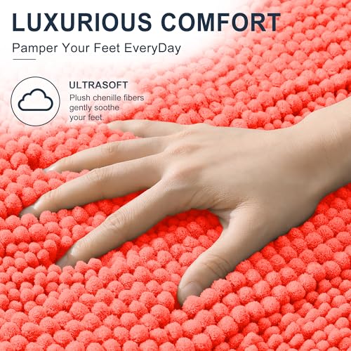 Image of Smiry Thick Chenille Bathroom Runner Rugs 44x24, Extra Absorbent Striped Bath Mat, Machine Washable, Rubber Backing, Long Bath Rugs for Tub & Shower, Modern Home Decor Accessories, Coral