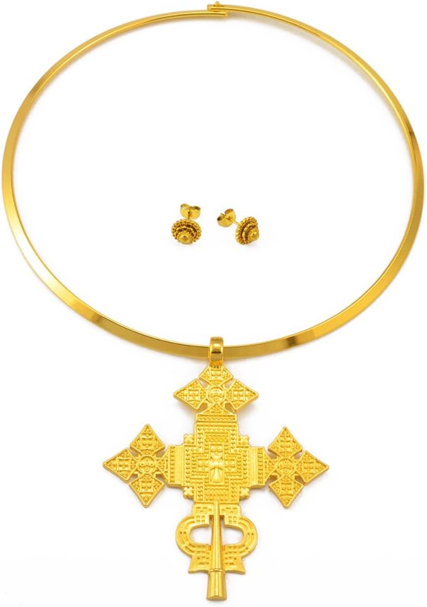 Ethiopian Cross Jewelry for Women - Ethiopian Jewelry for Women Set - Big Size Pendant Chokers Collar and 1Cm Small Earrings Etiopian Jewelry Sets Eritrean African
