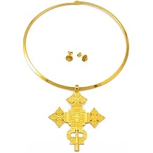Ethiopian Cross Jewelry for Women - Ethiopian Jewelry for Women Set - Big Size Pendant Chokers Collar and 1Cm Small Earrings Etiopian Jewelry Sets Eritrean African