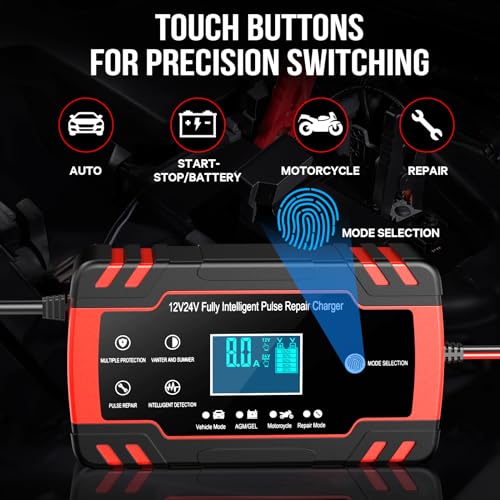 Miniatura 3 de 8A 12V/4A 24V Cargador de Batería de Coche,Cargador de Batería Inteligente para Moto con Función de Reparación,Múltiples Protecciones,para Auto, Moto,Camión,AGM,Gel,Wet, SLA