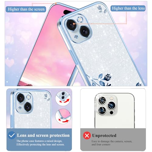 Coque pour iPhone 15 Plus esthétique transparente avec fleurs et paillettes