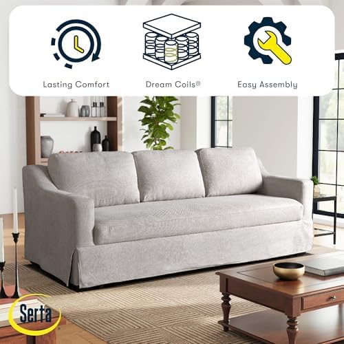 Serta Hawthorne 90.6" Slipcovered Queen-Size Convertible Pop-up Sofa, Dreamcoil Comfort, Woven Polyester Blend Fabric, Linen - Thumbnail 3