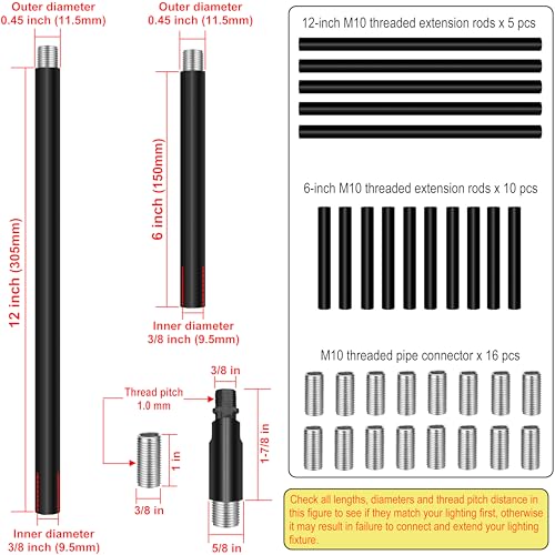 Image of M10 Threaded Extension Poles, 5 PCS 12-inch & 10 PCS 6-inch Lighting Fixture Downrods Stems & 180 Degrees Sloped Ceiling Adapter Kits for Pendant Light, Island Lighting, Chandeliers (Black)