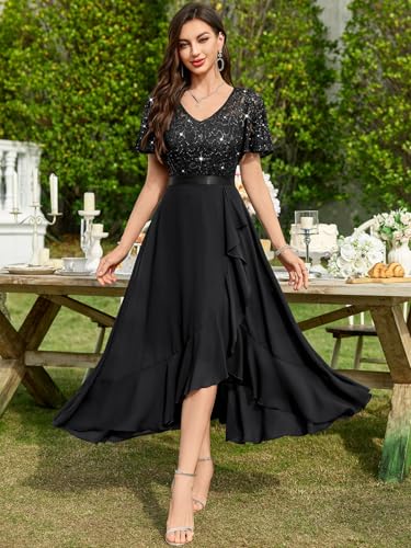 Image of Miusol Women's Classy V-Neck Butterfly Sleeve Sequined Floral Lace Ruffle Split Bridesmaid Party Dress