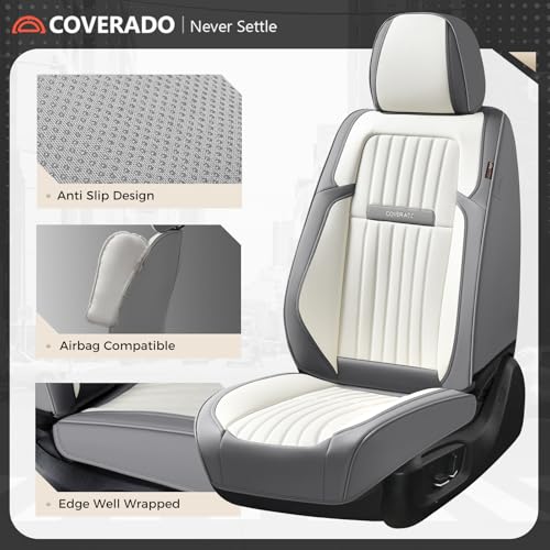 Image of Coverado Car Seat Covers Front Seats, Seat Covers for Cars, Car Seat Protector, 2-Pack Car Seat Cushion Nappa Leather, Waterproof Seat Covers Carseat Cover Universal Fit for Most Cars(Gray&White)