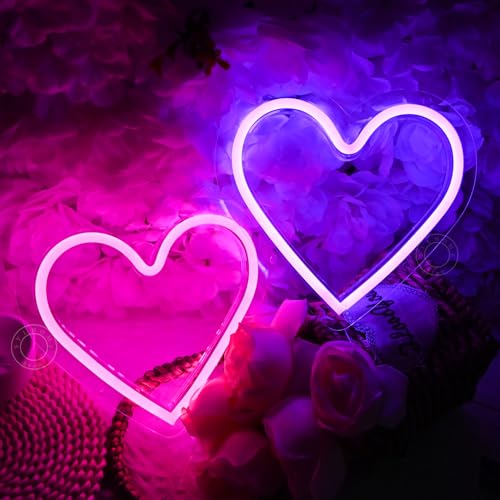 Image of SYLHOME 2 Pack Heart Led Neon Light Sign Battery Operated or USB Powered Bedroom Wedding Wall Sign Decor Valentines Day Christmas Birthday Gifts 7.87 inch X 7.28 inch