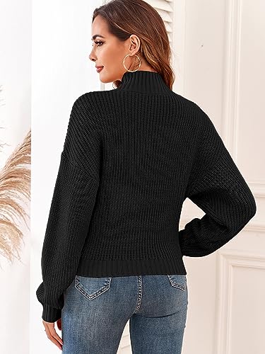 Image of ZAFUL Women's Cropped Turtleneck Sweater Lantern Sleeve Ribbed Knit Pullover Sweater Jumper