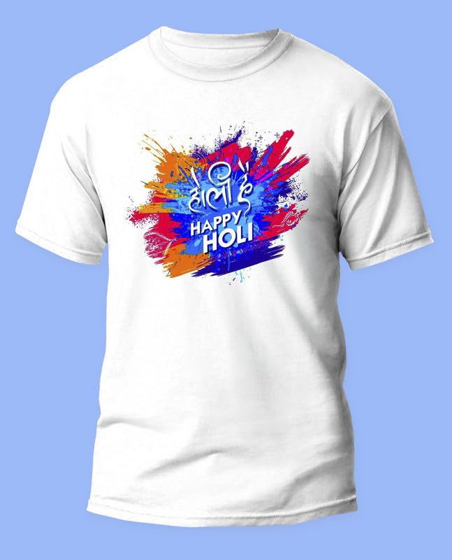 Image of Knitted Polycotton Fabric Regular Fit Men Boys Half Sleeve T-Shirt for Festival of Holi Style 3 White Size : Free