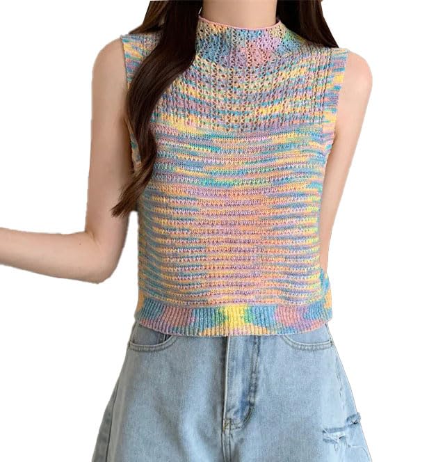 icw Women's Casual Space Dye Acrylic Crop Cami Top Knit-Rib Crochet Sleeveless High Neck Tank Top (One Size Fit XS-S) (Bust Size 28-32 Inch)-picture-16