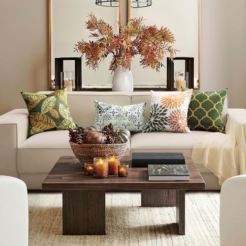Phantoscope Set of 4 New Living Series Leaf Geometric Fall Throw Decorative Velvet Pillow Cover Cushion Cover, Dark Yellow and Green 18 x 18 inches 45 x 45 cm