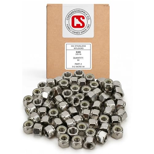 Image of Chenango Supply 3 /8-16 Stainless Steel Nylon Insert Lock Nuts - 304 Stainless, USS Coarse Thread, Reusable Nylock Design, Corrosion-Resistant Hardware, (50 Pieces, 3 /8-16 NyHxNut)
