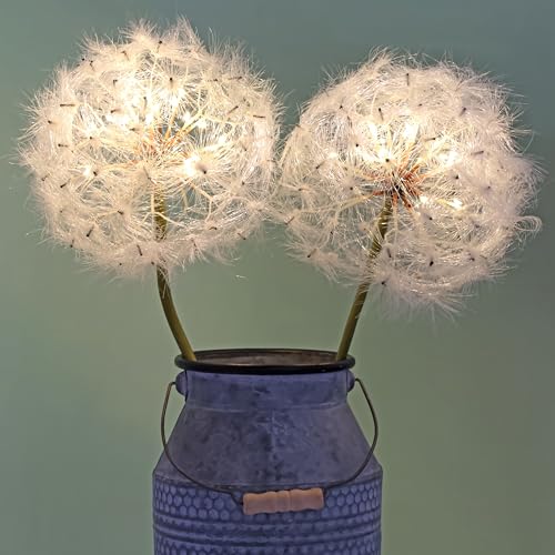 TOPIA Artificial Dandelion Flower with LED Light 2 Pack Warm White Light with 6H Timer Giant Size 8 inch Head for Christmas and Home Decor