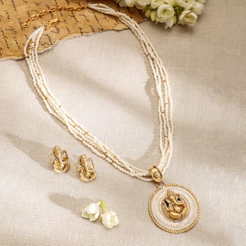 Image of Rubans Womens 24K Gold-Plated Divine Ganesh Motif White Pearl Studded & Beaded Multistrand Necklace Set