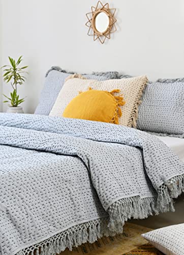 Sophia Art 3-Piece Indian Cotton Padded Quilt Set With Pillow Shams 100% Cotton Quilted Reversible Bohemian Boho Coverlet Bedspread Bohemian Comforter Indian Kantha (Baby Blue ,Oversize King 120*120) #TOP2