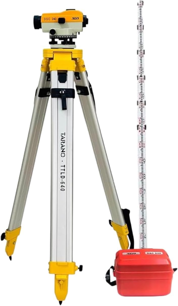 UK SURVEY INSTRUMENT SUN AUTO LEVEL DSC-240, 4mtr leveling staff with Free auto level plastic box and Aluminium Tripod use for Survey Instrument (COMPLETE Pack of 1)