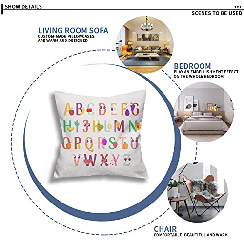 Alphabet With Animals Fruits Pillow Cases 18X18 Cute Rainbow Abc Letters Colorful Throw Pillow Covers Cotton Decorative Cushion Cover Both Sides For Son Daughter Kids Playroom Sofa Living Room Patio #TOP4