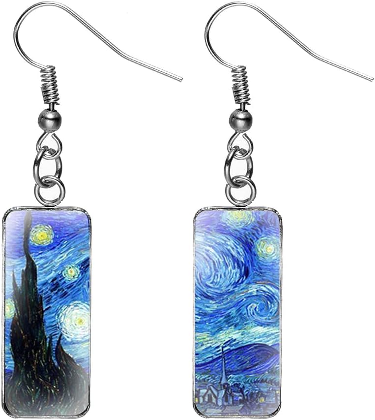Rectangle Van Gogh Painting Starry Sky Iris Sunflower Drop Dangle Earrings for Women Abstract Art Earrings Charm Jewelry