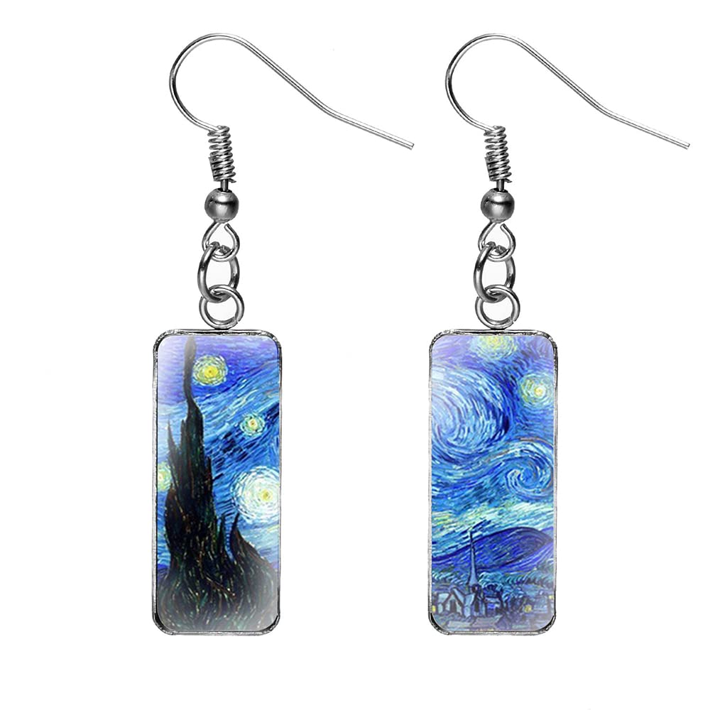 ZHOUMEIWENSPRectangle Van Gogh Painting Starry Sky Iris Sunflower Drop Dangle Earrings for Women Abstract Art Earrings Charm Jewelry