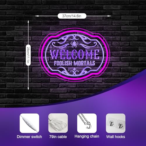 Image of Welcome Foolish Mortals Neon Sign Halloween LED Light Up Sign for Halloween | Haunted mansion style wall decor, spooky neon light for halloween parties, horror bars, theme rooms, adjustable brightness