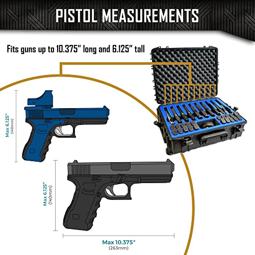 10 Pistol 20 Magazine Hard Case, DORO Wheeled Gun Case with MyCaseBuilder Blue Custom Foam Insert - Waterproof, Heavy Duty - Tactical Gun/Firearm and Ammunition Holder, 21 x 15.87 x 7.25 Inch, Black