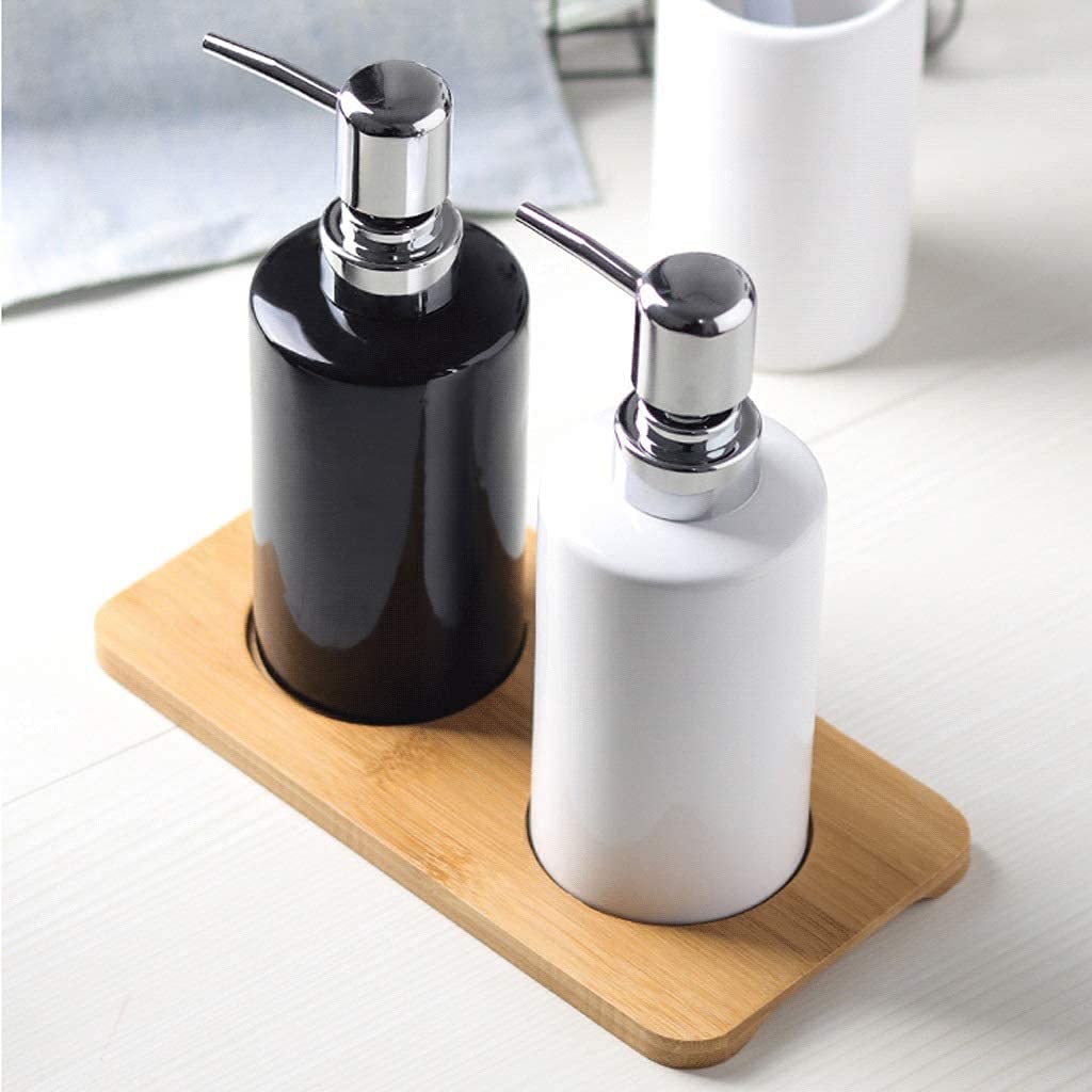 Keramik, Seifenspenderflasche mit Pumpe, Seifenspender Flaschenspender 3 -teiliges Keramik -Badezimmer -Set mit Bambusschalenschalen -Seifenspender for Küchenbad (schwarz, weiß) 300 ml/10 Unzen Lotion