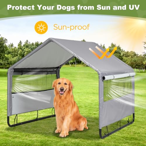 Hundehütte Outdoor für Kleine bis Große Hund, 120x120x100 cm, Wasserdicht Hundezelt für Kleintiere, Hühner, Katzen, Welpen, Hundehütte mit Mesh-Fenstern, Farbe in Grau