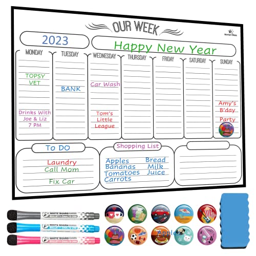 Magnetic Weekly Dry Erase Board Calendar Whiteboard Magnetic Weekly Planner For Refrigerator - Stain Resistant Nano Technology - 3 Fine Tip Markers And Eraser, 10 Highlight Icons 16Inchx12Inch #TOP12