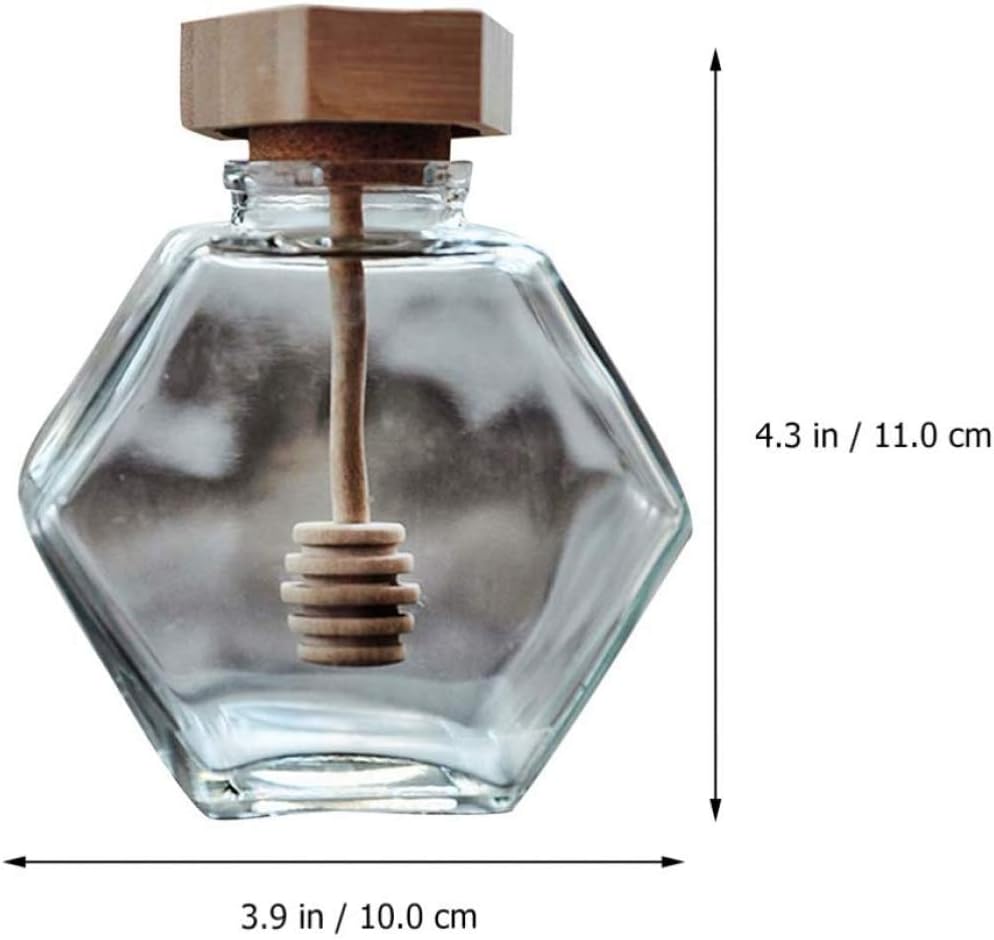 qiuqiu 2Pcs 380ml Hexagonal Honey Jar Glass Sealed Jar Transparent Honey Syrup Storage Bottle Kitchen Container with Wooden Lid Rod