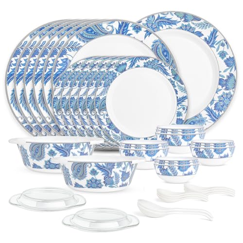 Image of Larah by Borosil 37pc Opalware New Iris Dinner Set for Family of 6 | Microwave & Dishwasher Safe Crockery Set for Dining & Gifting | Plates & Bowls