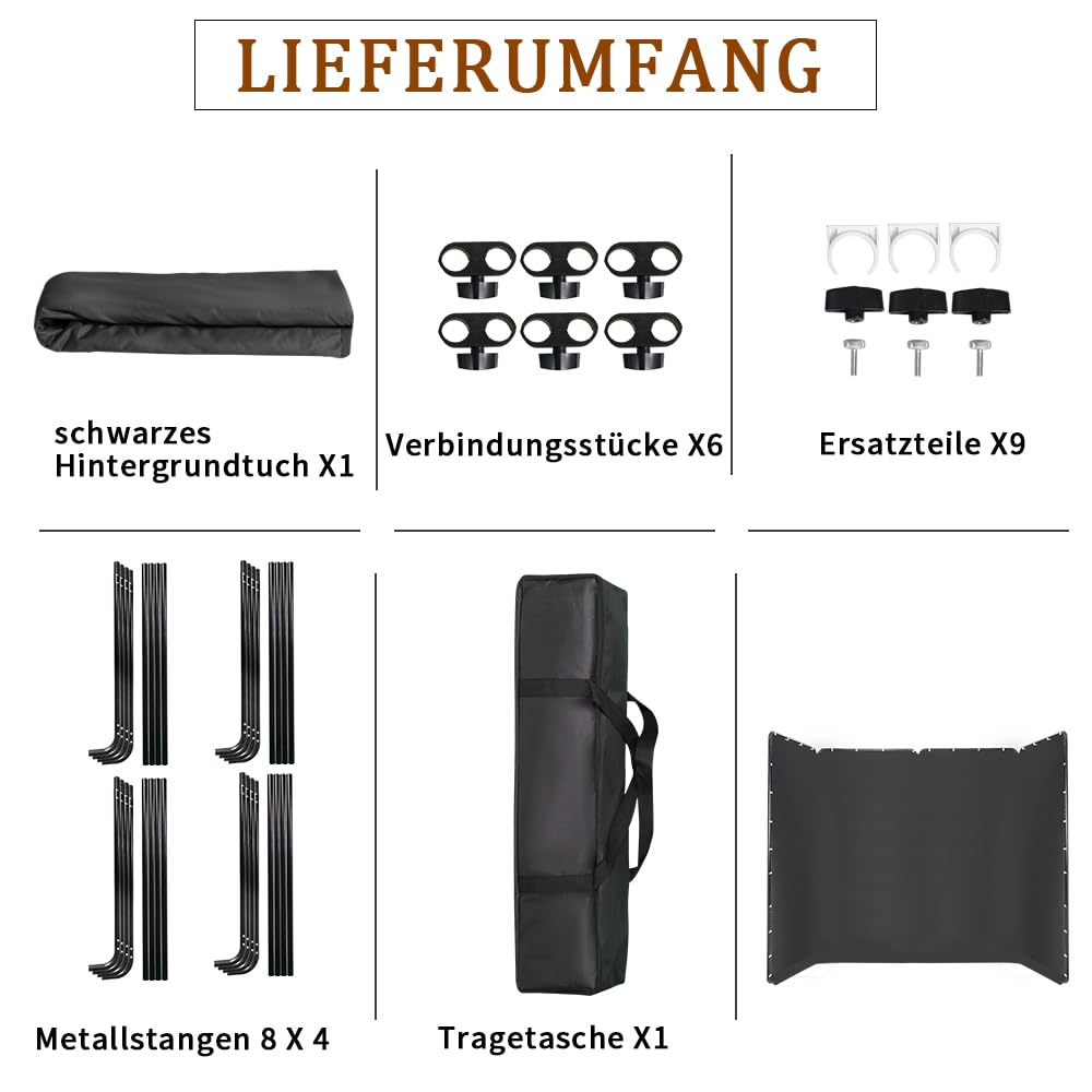4m x 2,4m Großer Schwarzer Polyester Foto Hintergrund Ständer | Tragbar und Faltbar Backdrop für Live-Übertragungen, Charakterfotografie, Hochzeitsbühnen, Fotostudios, Online-Konferenzen