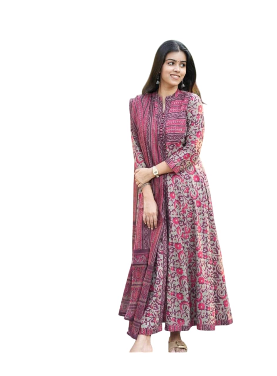 veqreqmeq Women's Cotton Trending Anarkali Printed Kurta with Pants and Dupatta Set | Ethnic Set (PINK)-picture-32