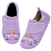 Kyopp Hausschuhe Kinder Barfussschuhe Klettverschluss für Jungen Mädchen Atmungsaktive Breite Pantoffeln Rutschfest Kindergarten Slippers(Einhorn Lila, 28/29EU)