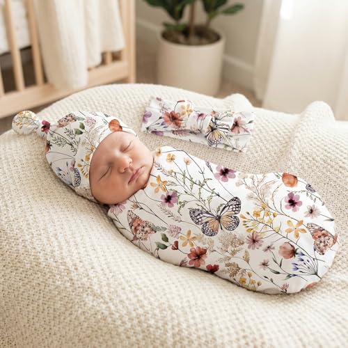 Image of Newborn Swaddle Set with Matching Headband Hat and Bow Set Floral Baby Girl Newborn Receiving Blankets Baby Swaddle Nursery Wildflower Baby Blanket