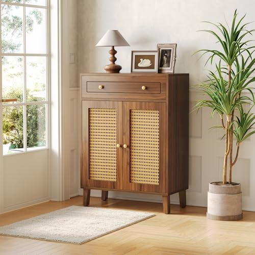 LITTLE TREE Shoe Cabinet for Entryway, 4-Tier Shoe Organizer with Adjustable Shelves & Drawer, Freestanding Brown Shoe Cabinets with Rattan Doors for Hallway, Bedroom, Living Room