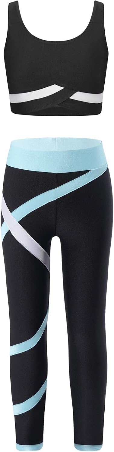 Freebily Kids Girl 2 Piece Outfits Sleeveless Sports Tank Top with Striped Leggings Gymnastics Summer Athletic Tracksuit
