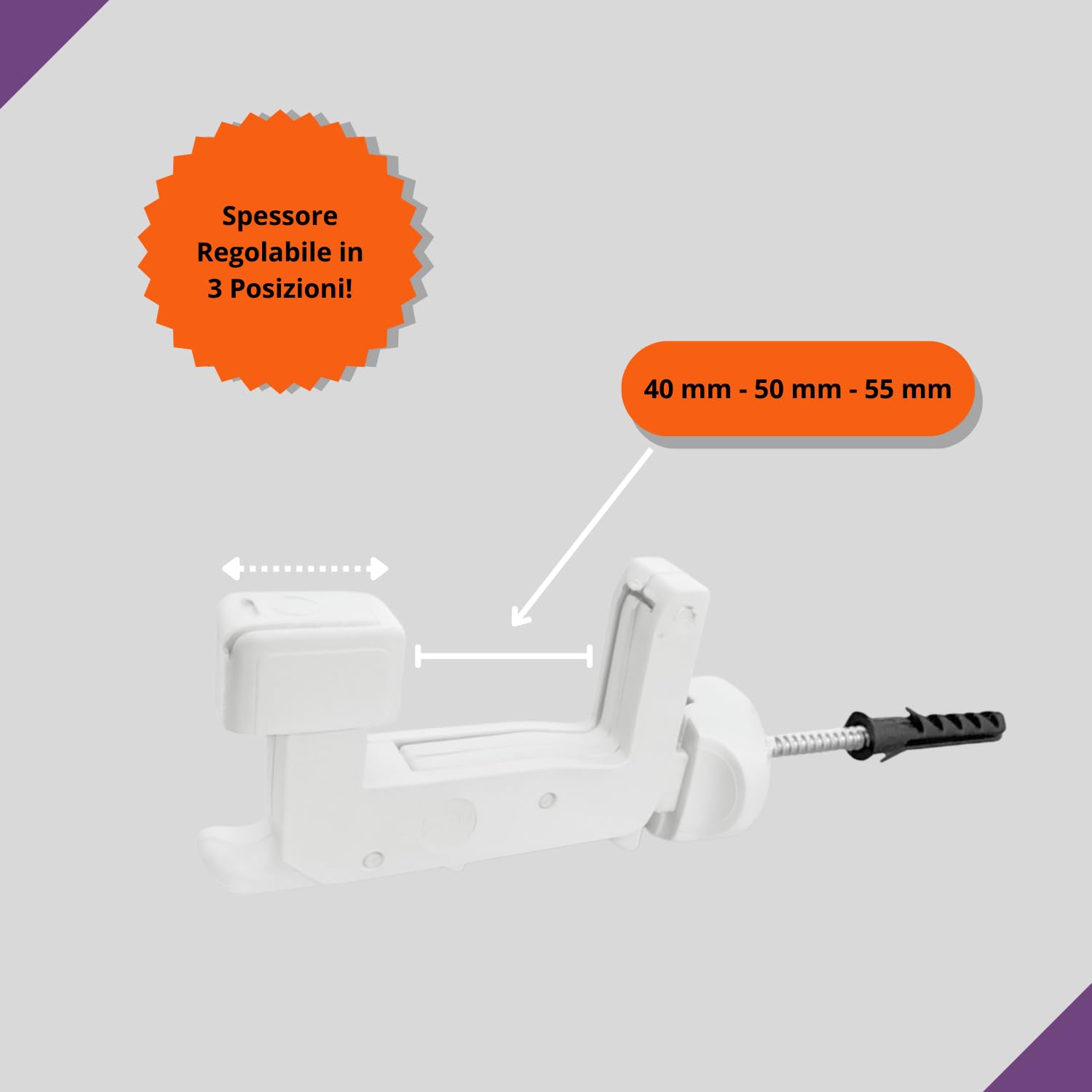 eacommerce - Ferma Imposte Regolabile | Sistema Automatico di Ancoraggio | Per Infissi da 40-55 mm | Blocca Scuri e Persiane | Tassello Integrato 6x70 mm, Kit 2 Pezzi (Bianco)