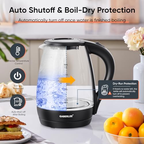 GABERLEE Electric Kettle, 1.7L, Fast Boil Quiet Glass Kettle with Blue LED, Auto Shut-Off and Boil-Dry Protection, Stainless Steel Inner, BPA-Free, 2200W, Black - Image 3