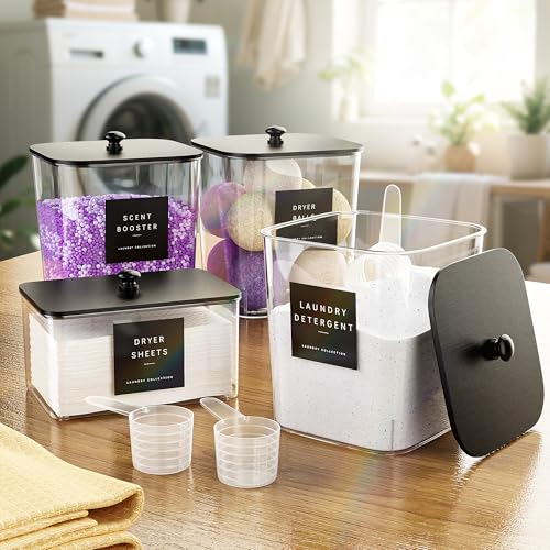 4 Pack Laundry Pods Container, Clear Laundry Room Organization Containers Essentials, Large Detergent Powder Storage Containers Black Wooden Lids & Labels Signs, Home Acrylic Laundry Pods Holder by Moforoco - Image 7
