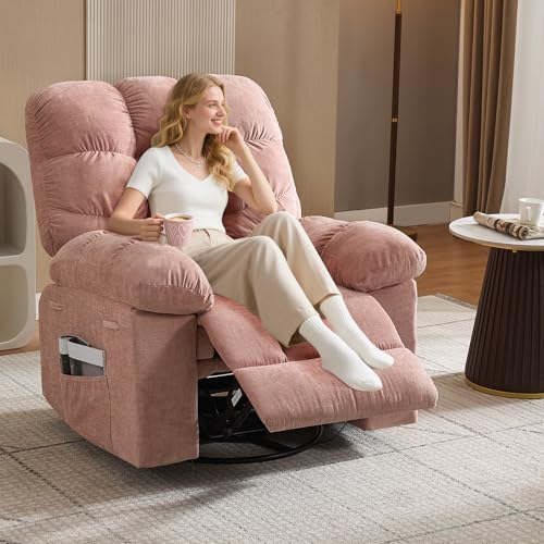 Image of 360 Swivel Rocking Recliner Chair with Vibration Massage & Heat, Oversized Rocker Recliner with Side Pocket for Living Room, Bedroom, Nursery & Small Spaces,Pink