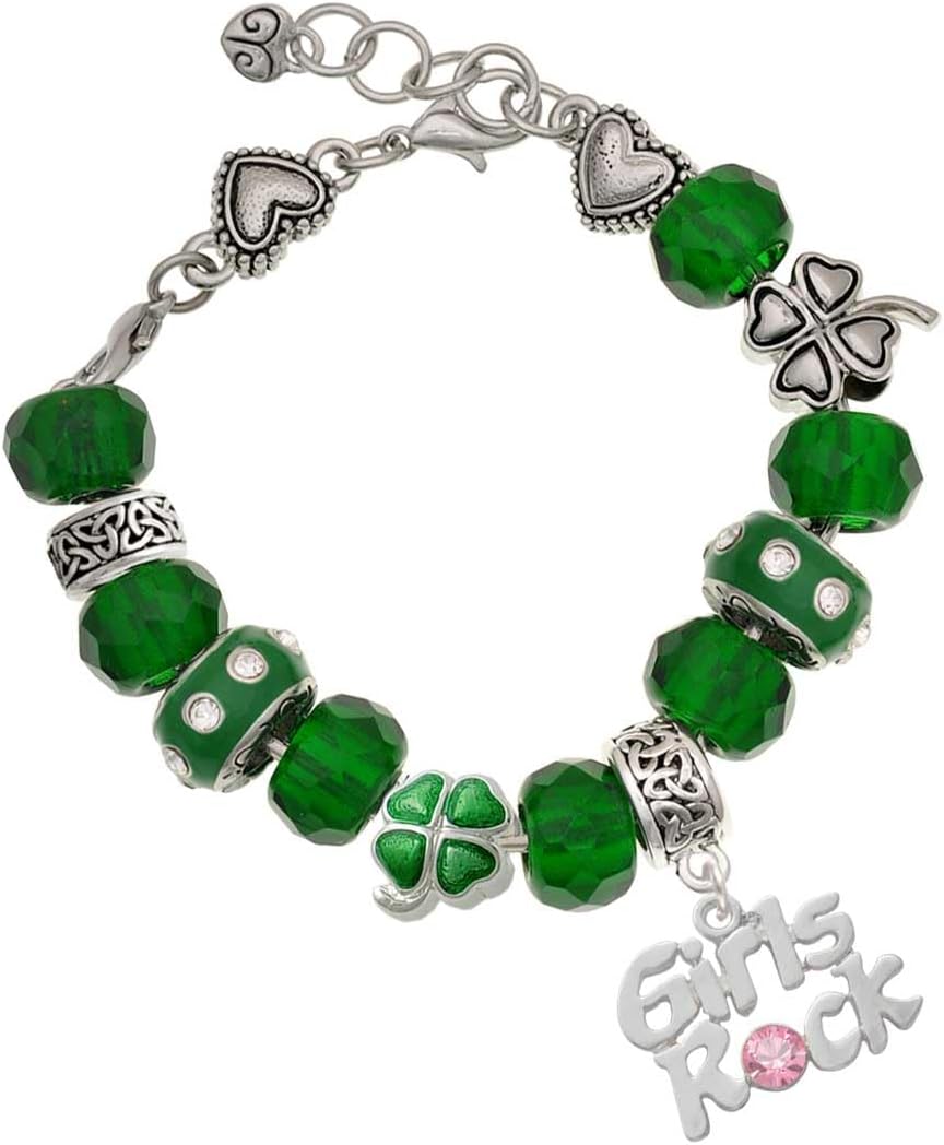 Delight Jewelry Silvertone Girls Rock with Light Pink Crystal - Green Irish Luck Bead Charm Bracelet, 7.5"