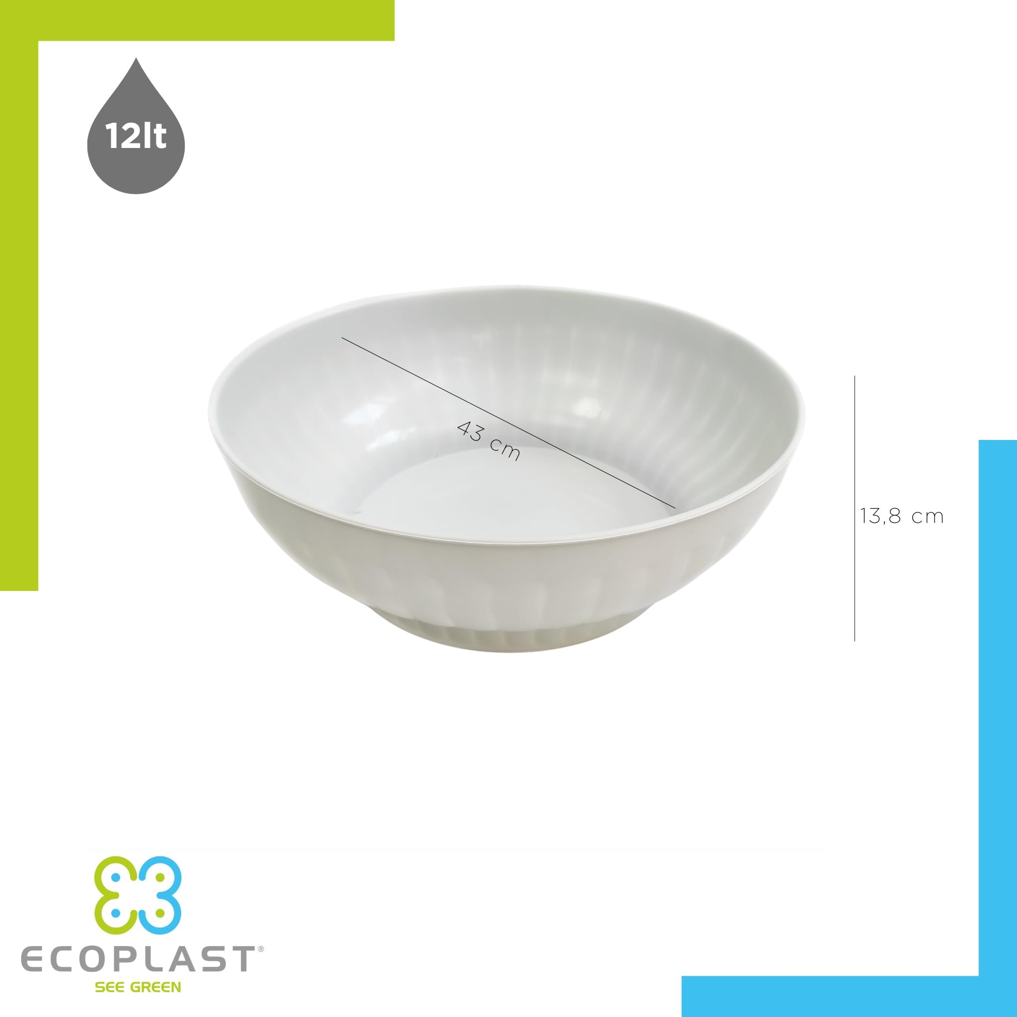 Ecoplast | Insalatiera in Plastica Costolata 12 Lt, Ciotola Cucina Bianca, ø42, Made in Italy