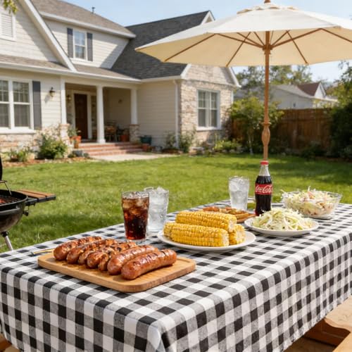 gillhov Checkered Tablecloth Rectangle Washable Buffalo Plaid Table Cloth Cotton Linen Gingham Table Cover for Picnic Kitchen Dining Room, Beige and White, 55 * 102 — view 5
