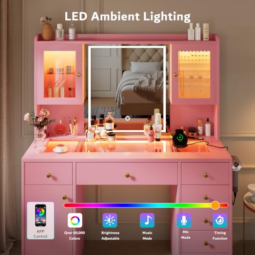 Image of iPormis Vanity Desk with Mirror and Lights, Glass Top Makeup Vanity with RGB Light and Power Outlet, Dressing Table Mirror with 3 Lighting Colors, 7 Drawers, 3 Cabinets, Pink Vanity for Bedroom