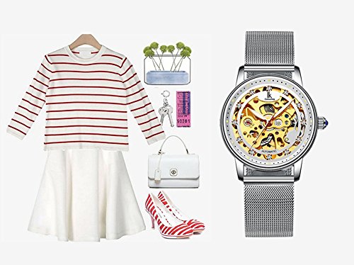 Image of Gosasa Luxury Women Automatic Mechanical Watch Gold Stainless Steel Mesh Watch Band Dress Wrist Watch