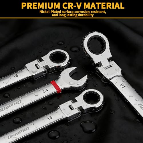 Image of GRENPRO 23PCS Flex-Head Ratcheting Wrench Set, Combination Ratchet Wrenches Set Metric and Standard & SAE with Organizer Box, 6-18mm & 1 /4 inch to 3 /4 inch with Color Ring, CRV Socket Mechanic Tools Sets