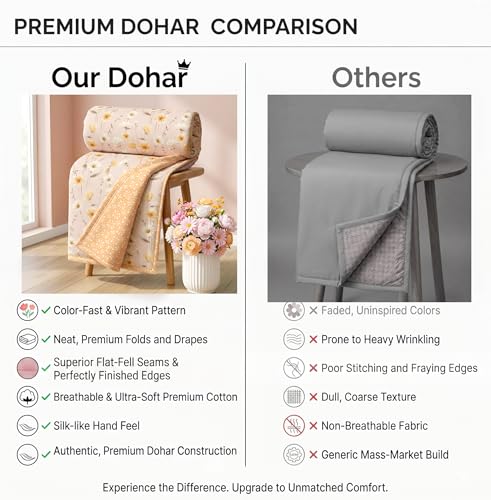 Image of HOMEKART Luxury Cotton Dohar Blanket for Double Bed | Ultra Soft Reversible AC Quilt | Floral Printed Lightweight Summer Blanket | 88x85 Inches (Peach Blossom Harmony)