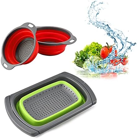 Collapsible Colanders with Handles, 1 Pcs 6 Quart & 2 Pcs 4 Quart Draining Basket Set, Adjustable Silicone Collapsible Colanders on the Sink Fruits, Vegetables, Suitable for the Kitchen (Green+Red)