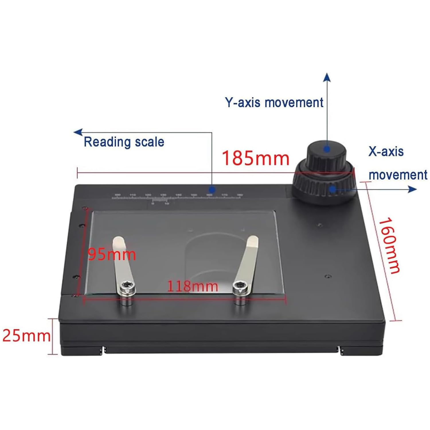 Hochgenaues Mikroskop Xy-Gleittisch, mobiles Design mit 75 mm horizontalem und 56 mm vertikalem Verfahrbereich, Präzisions-Lesegerät von 1 mm für Mikrofotografie und Untersuchung