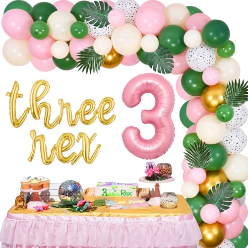 Sursurprise Dinosaur 3rd Birthday Decorations for Girl Three Rex Balloon Garland Arch Kit Pink Sage Green 3 Years Old Third Birthday Party Supplies